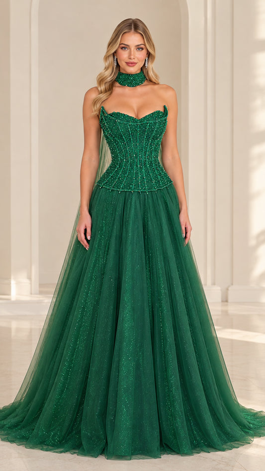 Front view of model in Emerald Green beaded corset sweetheart tulle evening gown with choker cape