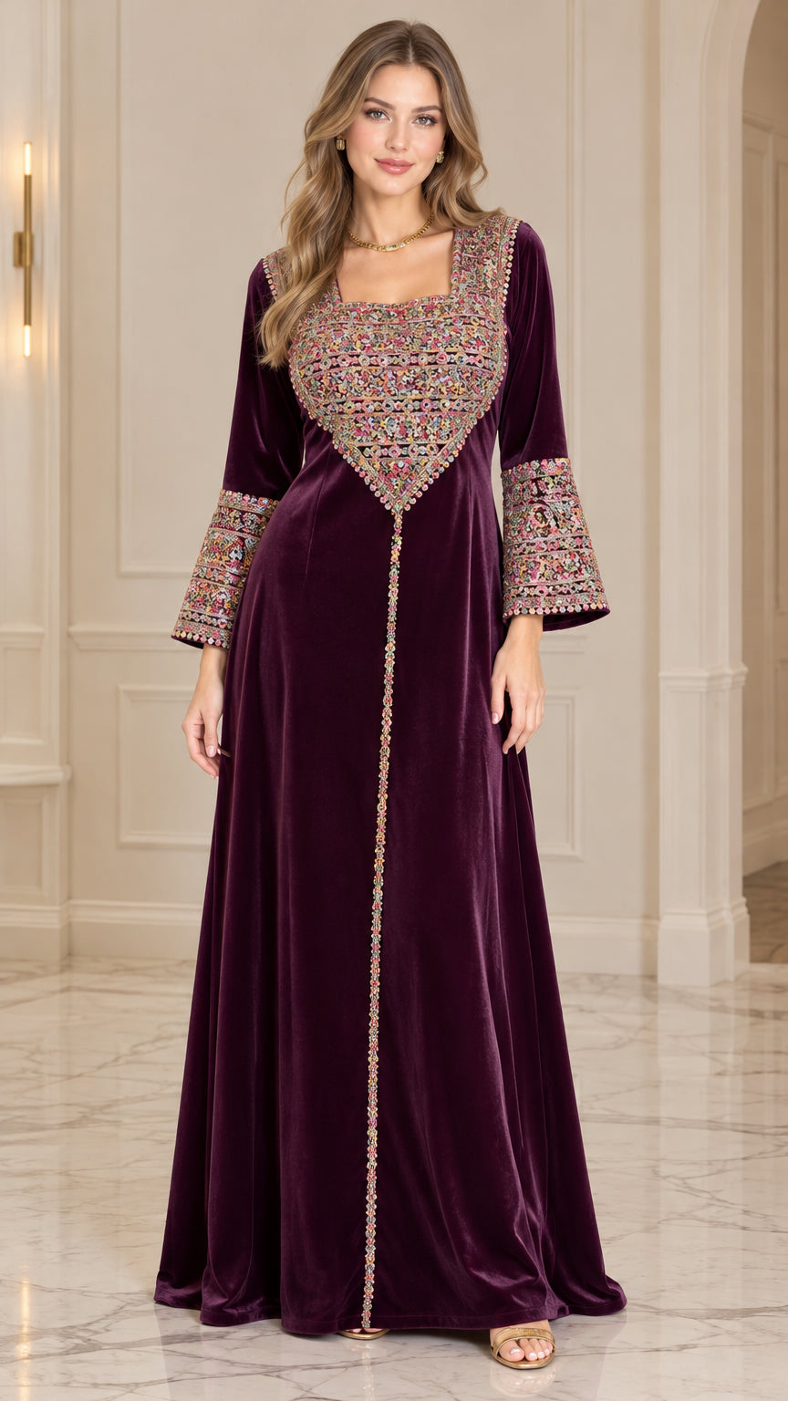 Front view of model wearing Deep Plum embroidered velvet long sleeve maxi dress