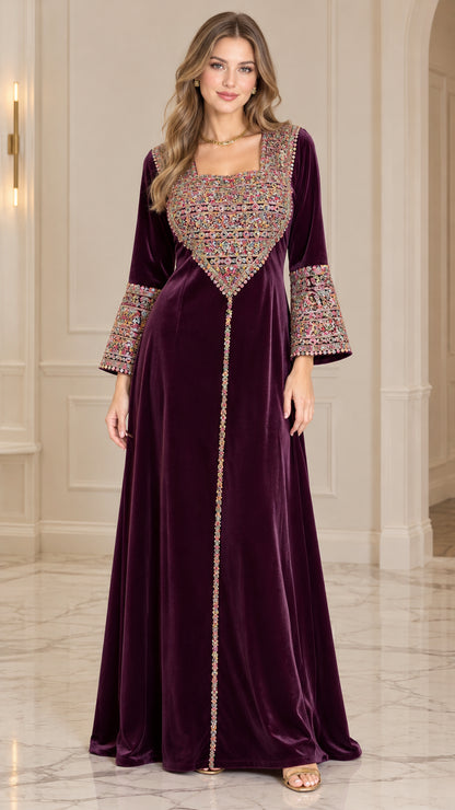 Front view of model wearing Deep Plum embroidered velvet long sleeve maxi dress