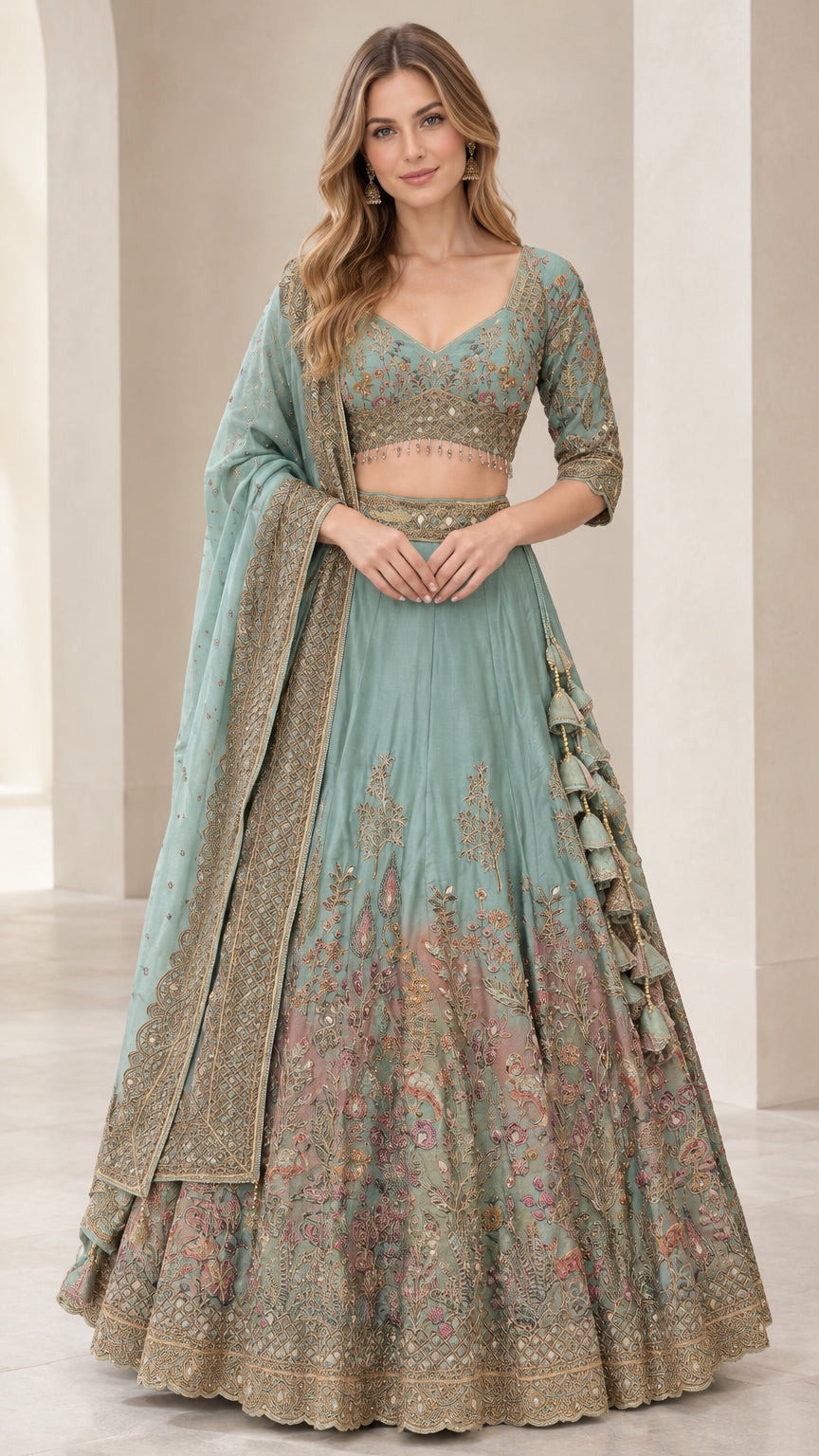 Sage green floral embroidered lehenga choli set front view with matching dupatta
