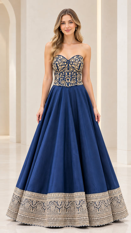 Royal blue strapless evening gown with embroidered sweetheart bodice and ornate hem front view