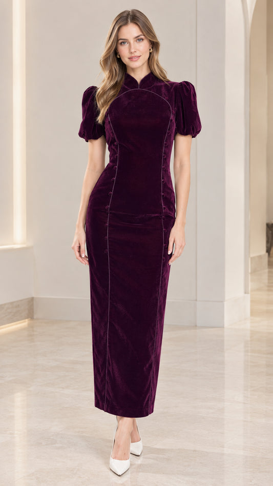Front full-length view of woman wearing Plum Mandarin Collar Puff Sleeve Velvet Maxi Dress
