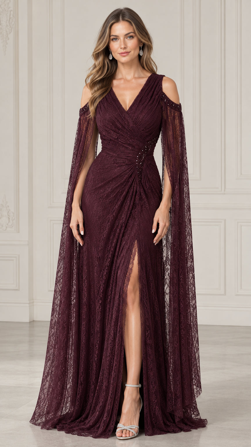 Burgundy cold shoulder lace evening gown with long cape sleeves front view