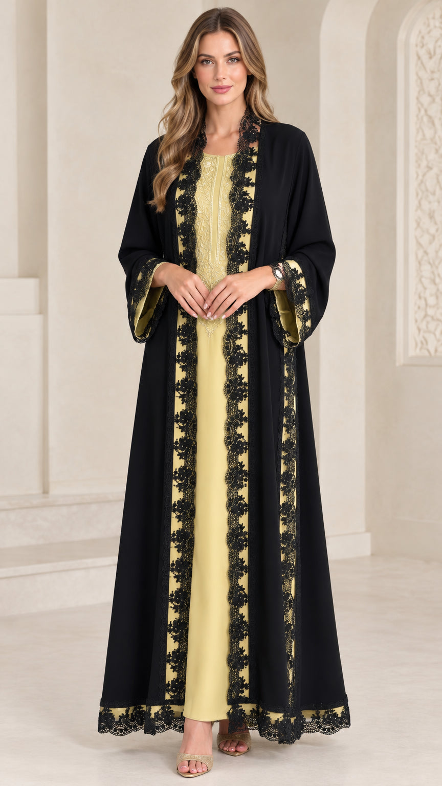 Black open-front abaya set with black lace trim over pale yellow inner dress - front view
