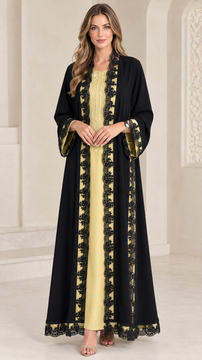 Black open-front abaya set with black lace trim over pale yellow inner dress - front view