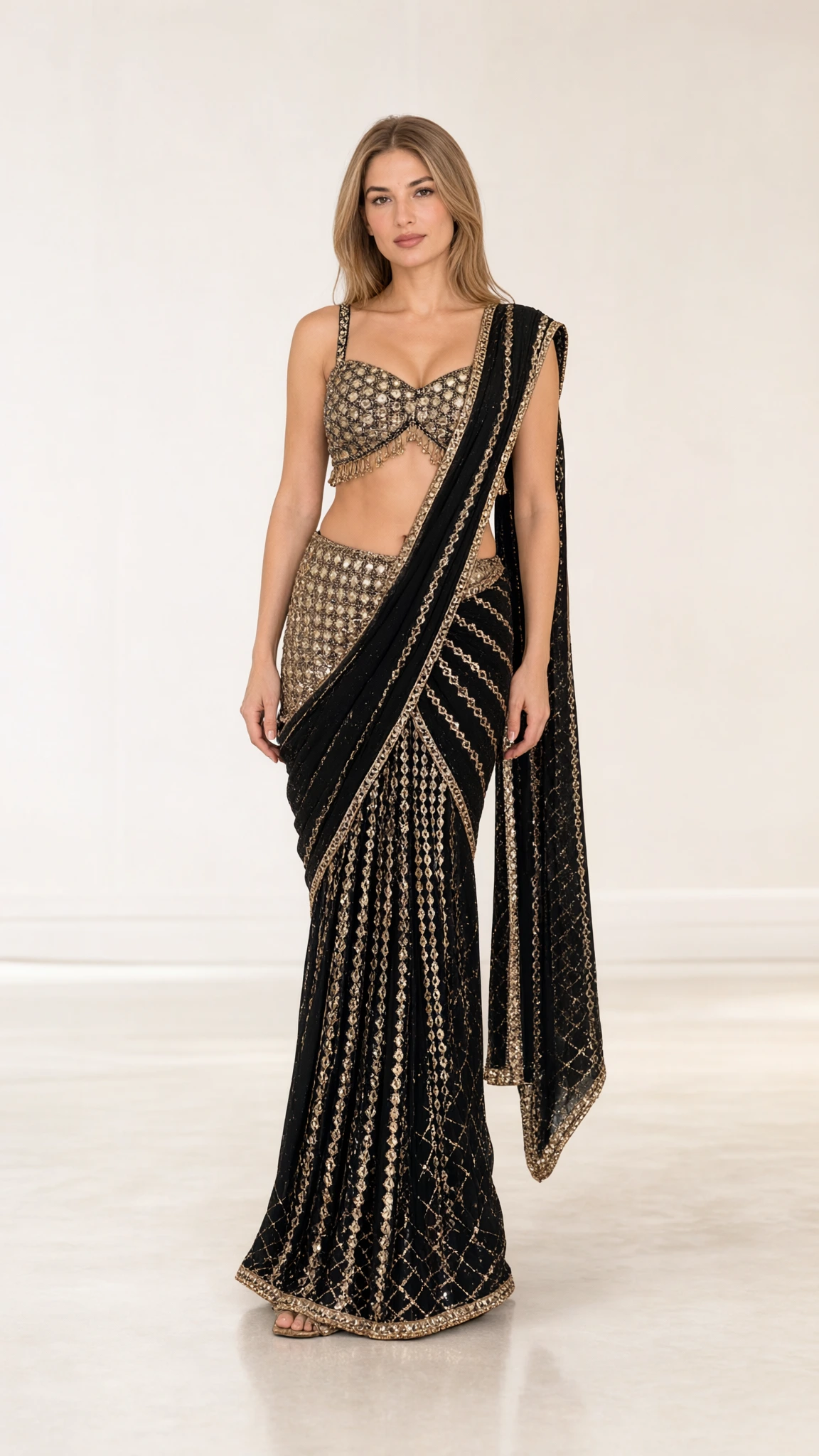 Front view of black pre-draped saree with gold sequin embroidery and matching sleeveless blouse