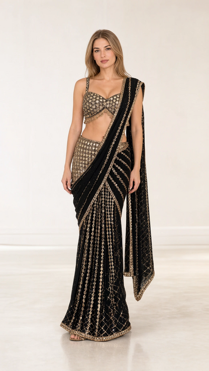 Front view of black pre-draped saree with gold sequin embroidery and matching sleeveless blouse