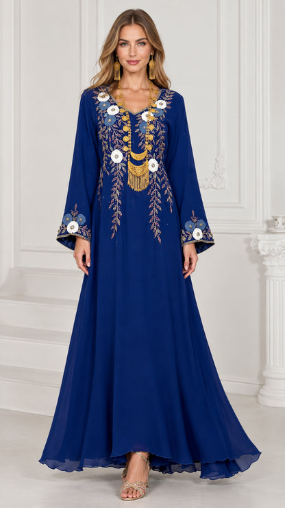 Front view of royal blue embroidered maxi kaftan dress with bell sleeves