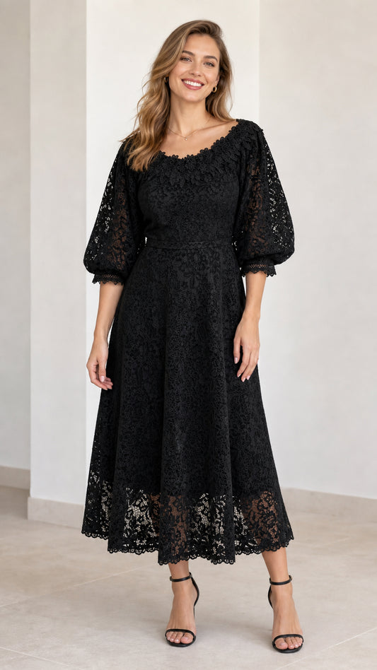Black floral lace puff sleeve midi dress on model front view
