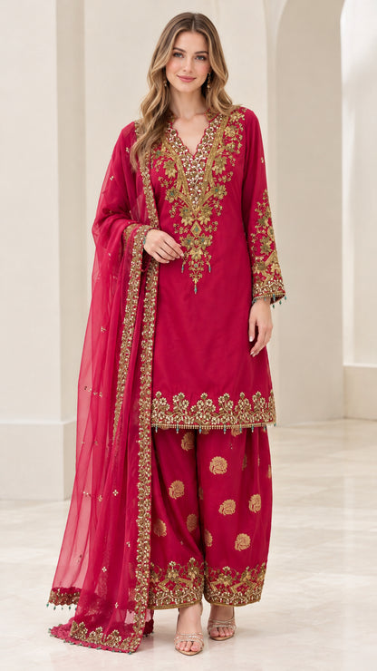 Full front view of women's raspberry pink embroidered 3-piece kurta palazzo suit set with sheer dupatta