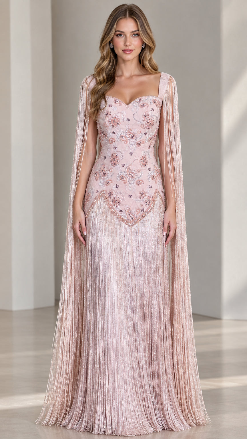 Front view of model wearing dusty pink embroidered cape sleeve fringe evening gown