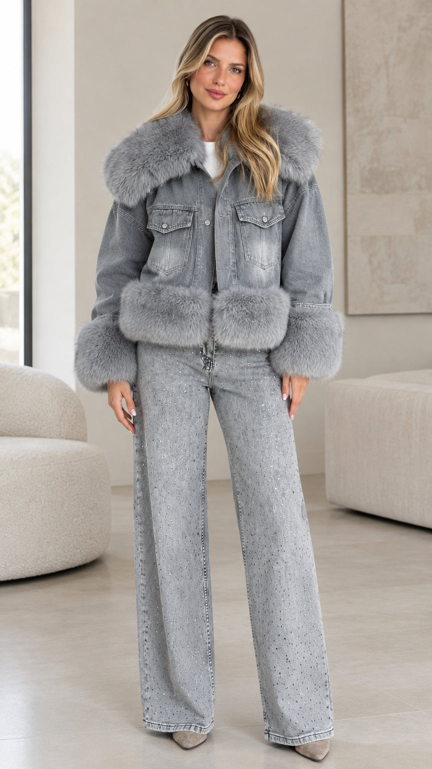 Full front view of model wearing grey faux fur trim denim jacket and matching wide-leg jeans