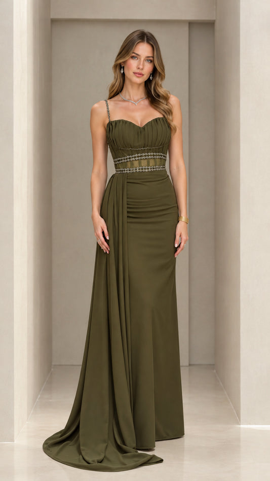 Front view of olive green pleated sweetheart maxi evening gown with side drape