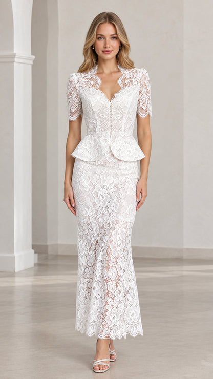 Front full view of woman wearing white floral lace peplum top and maxi skirt set