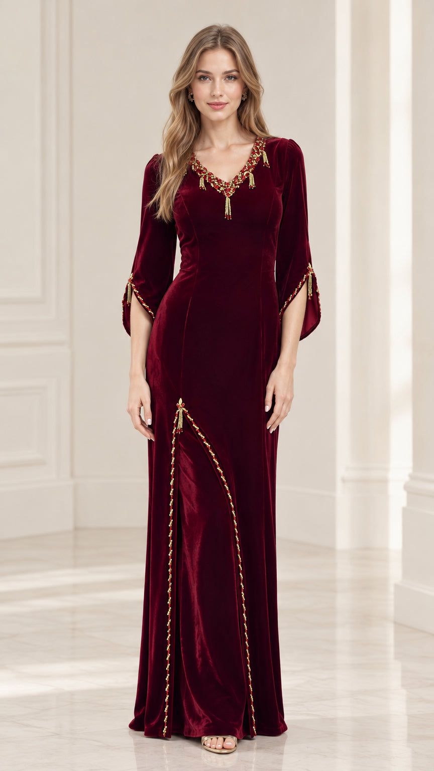 Model wearing Burgundy Embellished V-Neck Velvet Maxi Dress front view