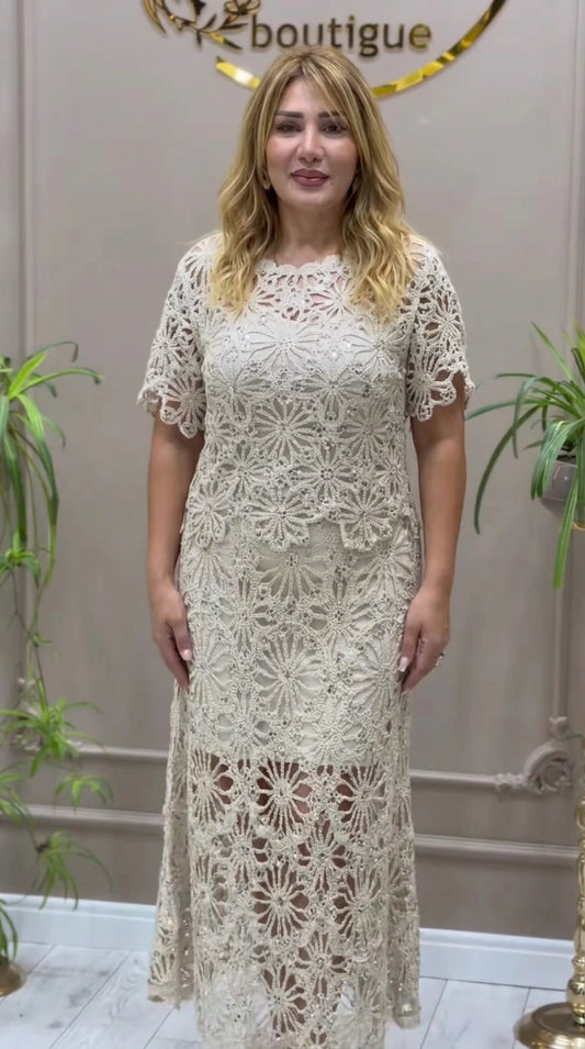 Champagne floral crochet lace sequin maxi dress front view on model