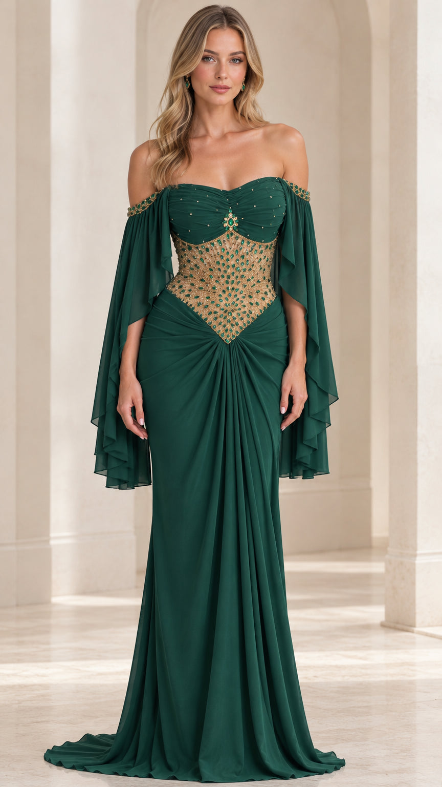 Front view of emerald green off-the-shoulder formal gown with beaded corset bodice and cape sleeves