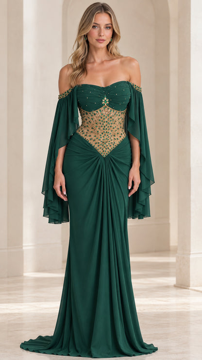 Front view of emerald green off-the-shoulder formal gown with beaded corset bodice and cape sleeves