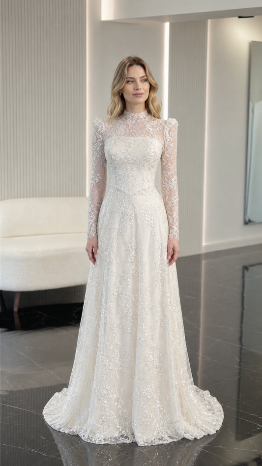 Ivory long sleeve embroidered evening gown with high neckline front view