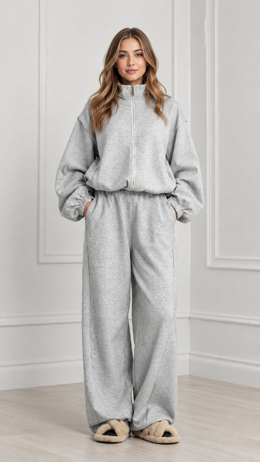 Women's heather grey two-piece zip sweatshirt and wide leg pants loungewear set front view