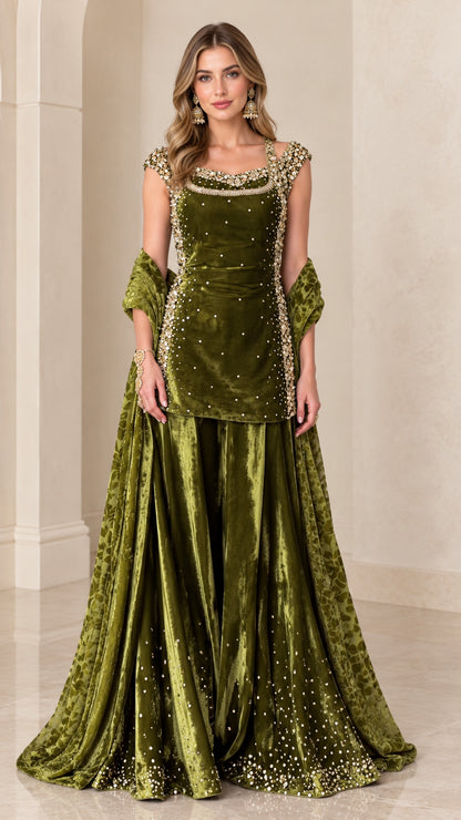 Front full view of woman wearing olive green embellished velvet tunic and skirt set