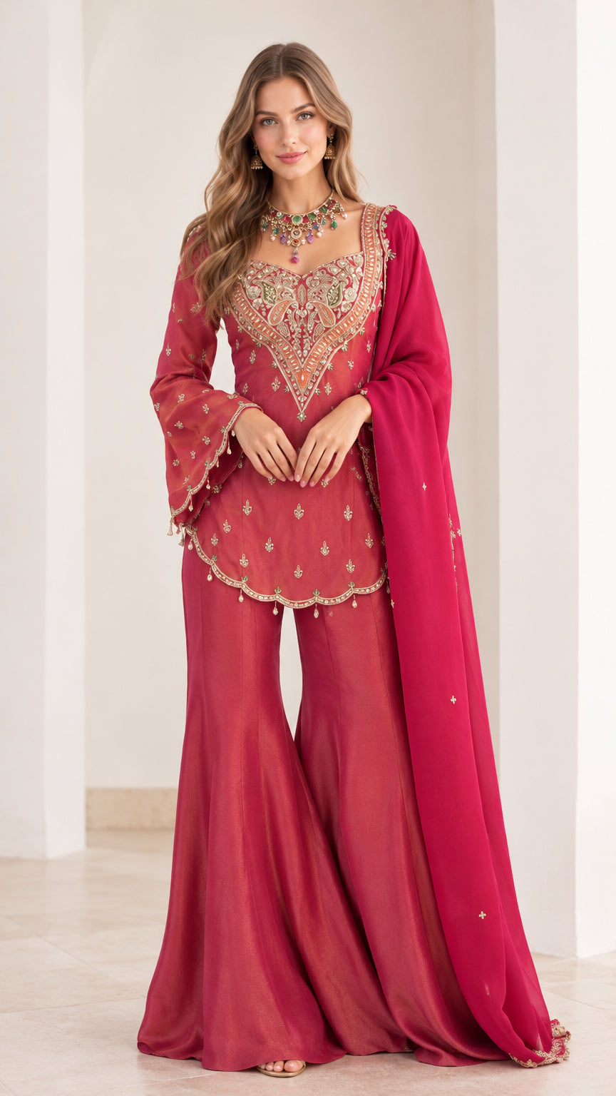 Full front view of Berry Pink embroidered 3-piece sharara suit set with flared pants and dupatta
