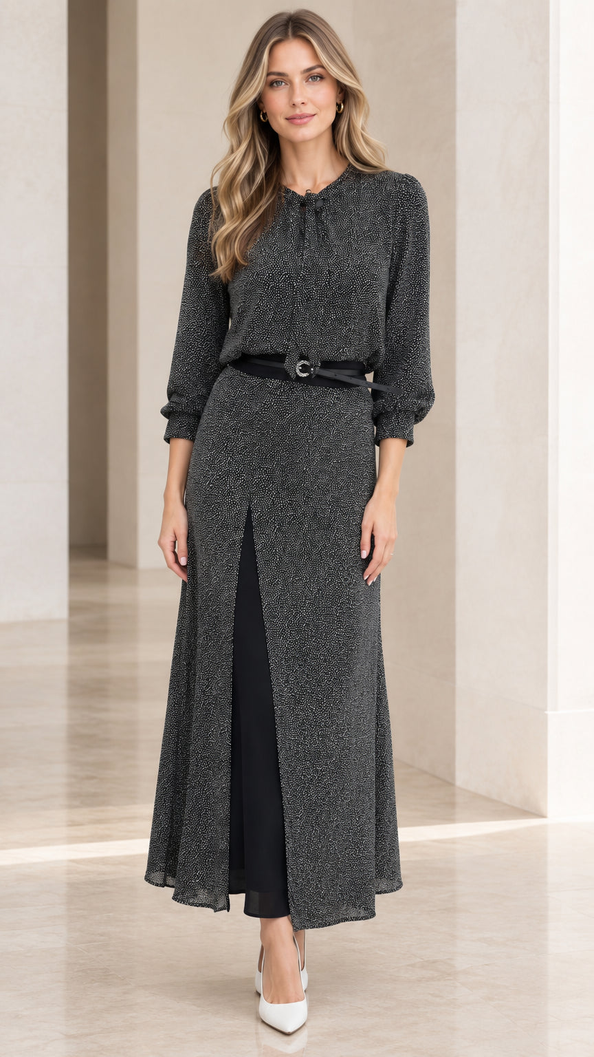 Front view of woman wearing charcoal belted layered maxi dress