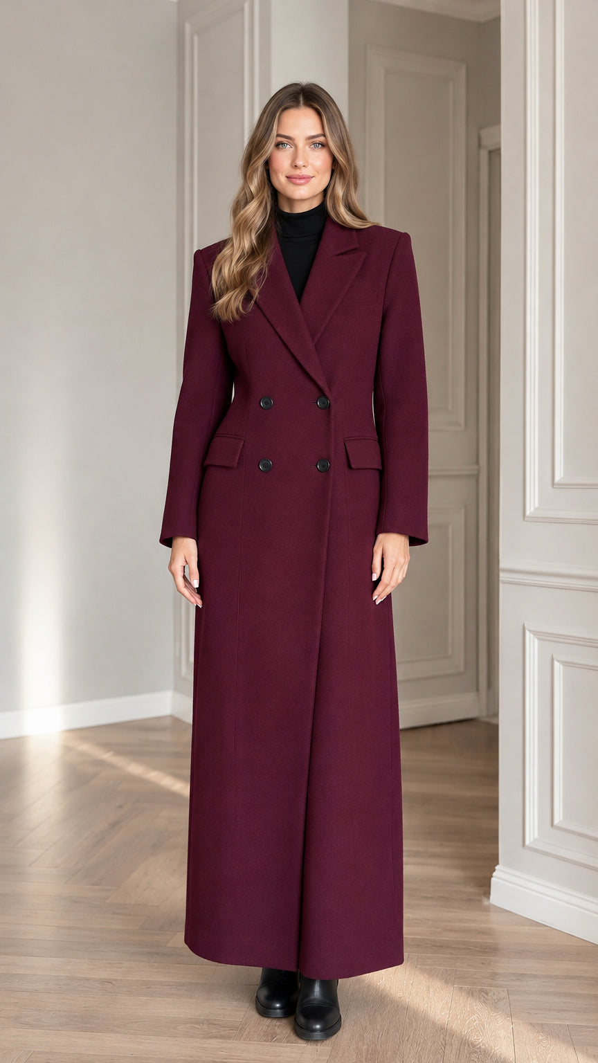 Front full-length view of woman wearing burgundy tailored double-breasted maxi coat
