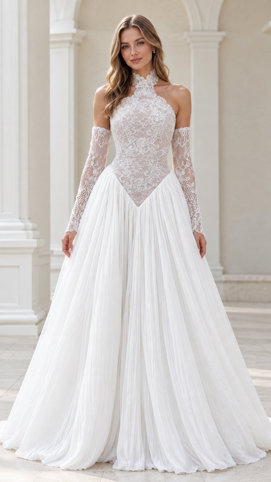 White halter neck lace basque waist evening gown front view with matching lace sleeves