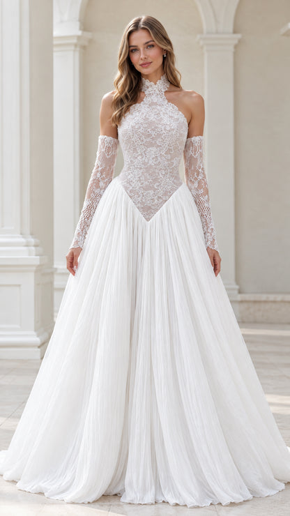 White halter neck lace basque waist evening gown front view with matching lace sleeves