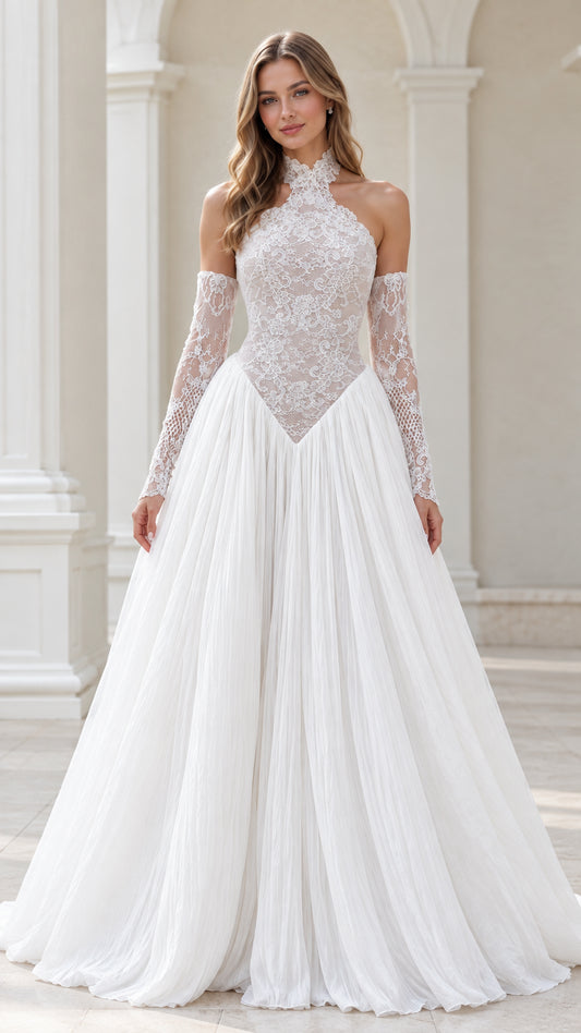 White halter neck lace basque waist evening gown front view with matching lace sleeves