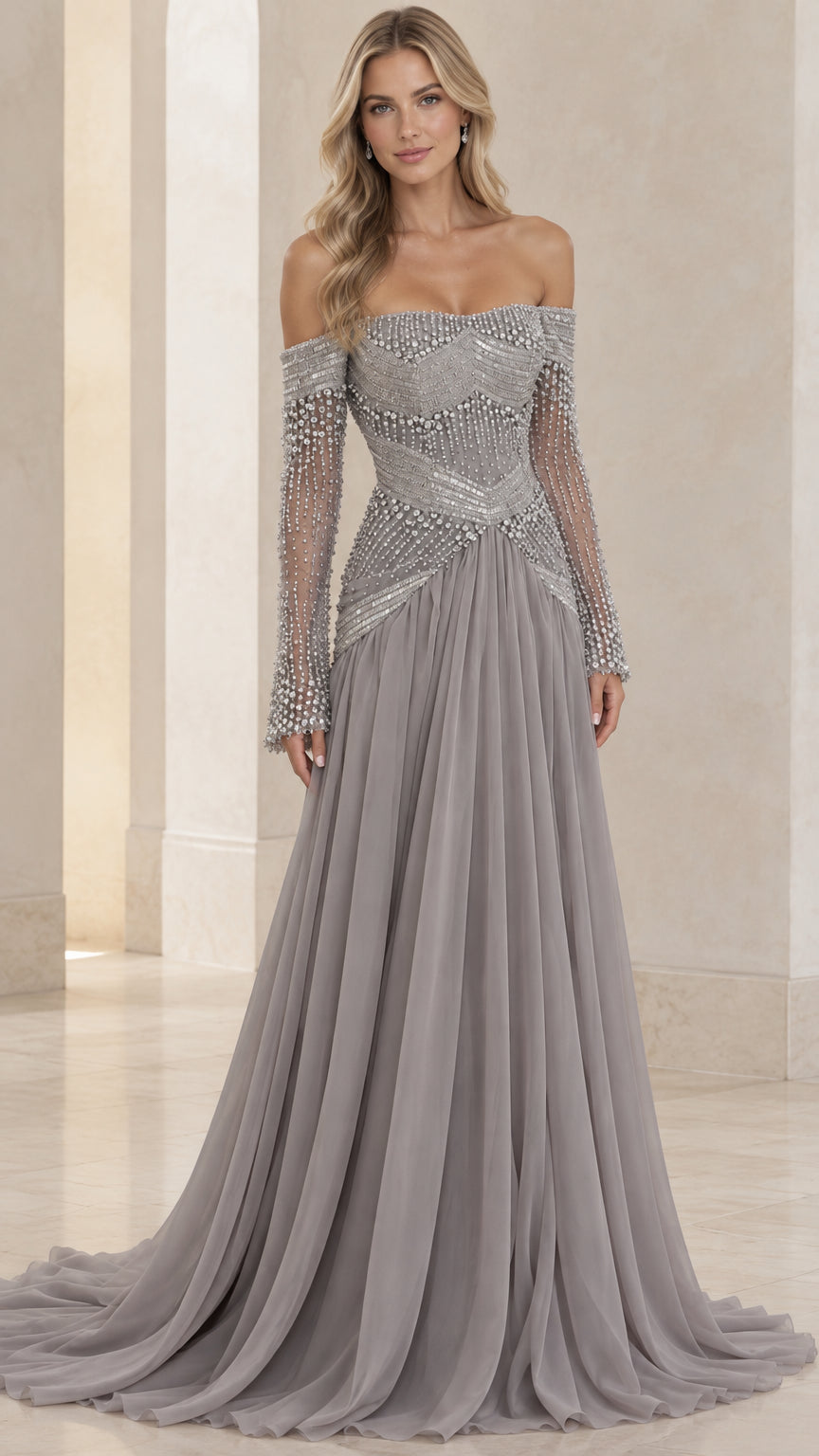 Front full-length view of model wearing off-the-shoulder beaded evening gown in slate gray