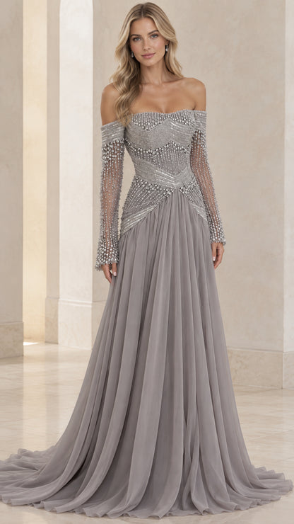 Front full-length view of model wearing off-the-shoulder beaded evening gown in slate gray