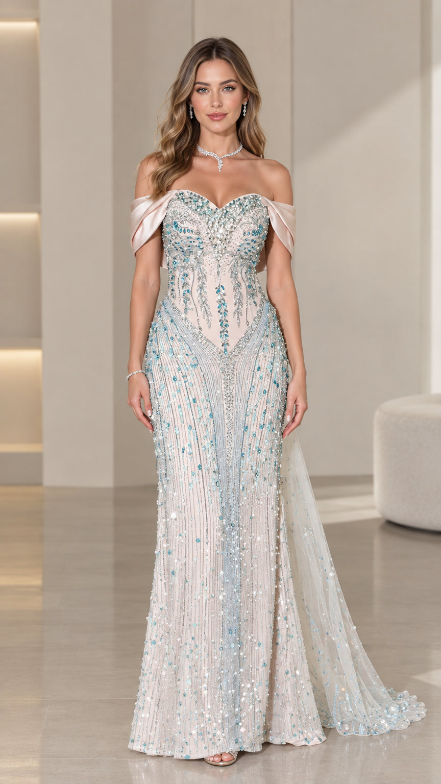 Front view of ice blue beaded off-the-shoulder evening gown with draped satin sleeves