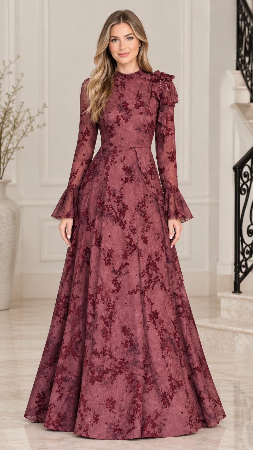 Burgundy floral jacquard long bell sleeve evening gown front view