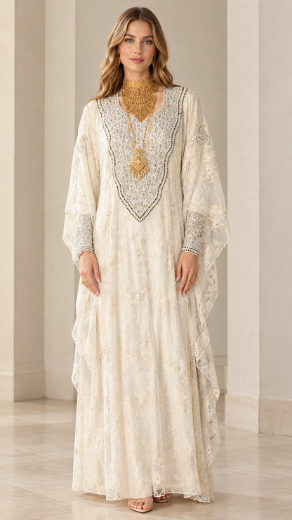 Front full view of women's ivory embroidered lace kaftan maxi dress with beaded neckline