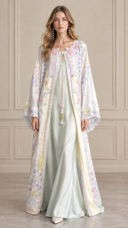 Mint Green 2-piece floral embroidered kimono robe and satin maxi dress full front view
