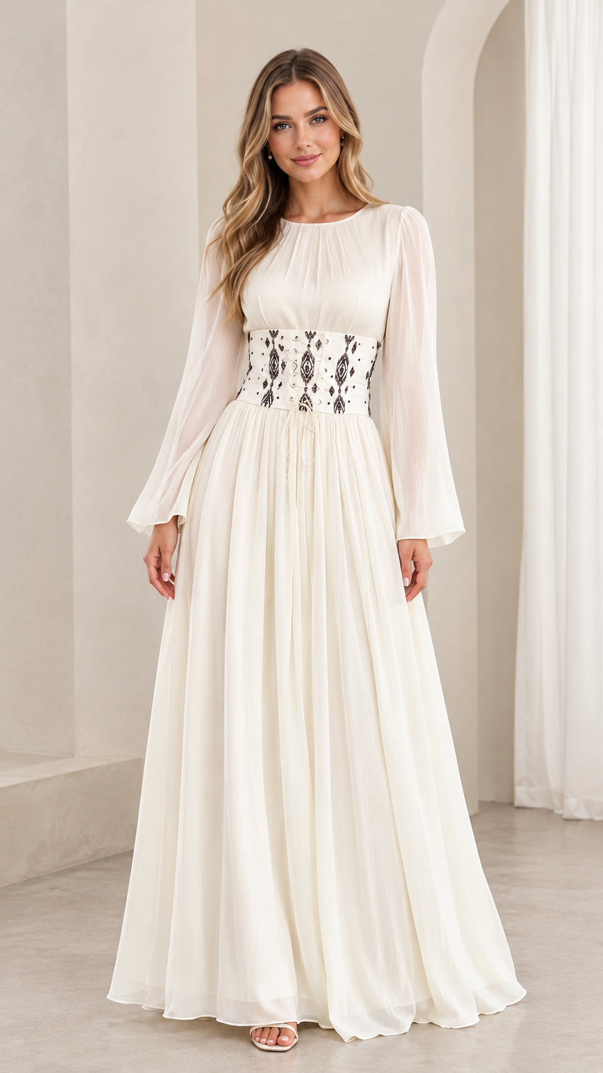 Front full-length view of woman wearing ivory long flare sleeve chiffon maxi dress with embroidered corset waist