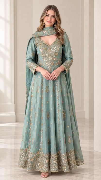 Front view of woman wearing sage green embroidered Anarkali gown with matching dupatta