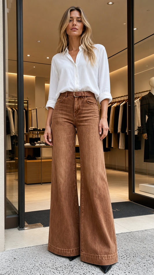 Front view of woman wearing brown high-waisted wide-leg jeans and white button-down shirt