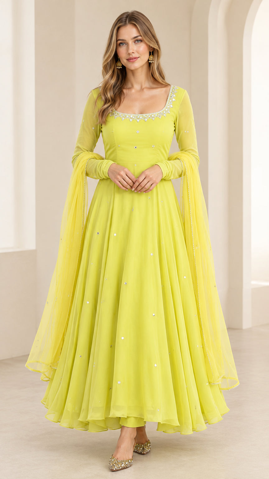 Front full view of woman wearing Lime Green embellished flared Anarkali maxi gown with matching dupatta