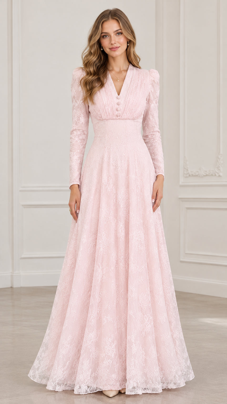 Front view of woman wearing long sleeve blush pink floral lace maxi evening dress with pleated V-neck bodice