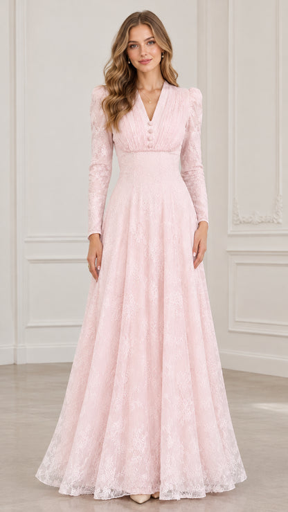 Front view of woman wearing long sleeve blush pink floral lace maxi evening dress with pleated V-neck bodice