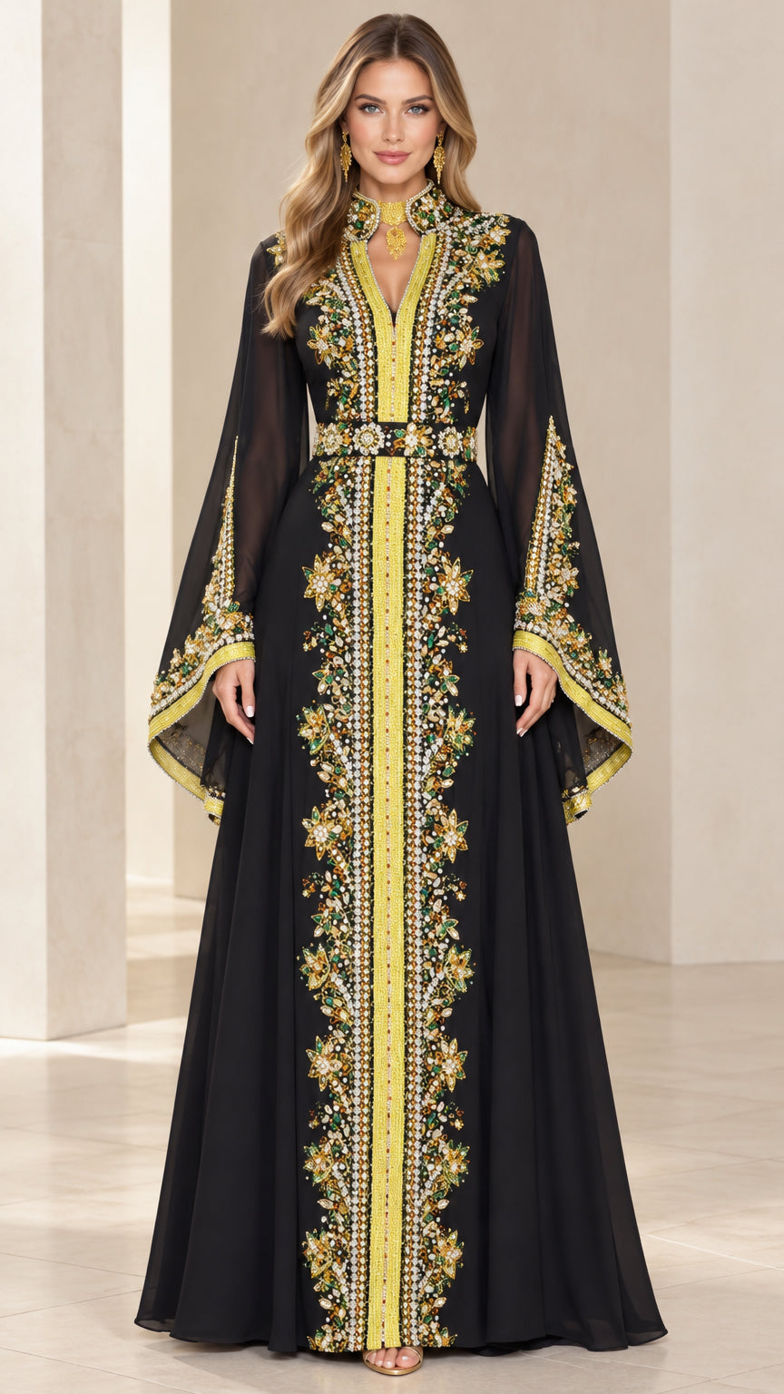 Front full view of black embroidered bell sleeve caftan maxi dress