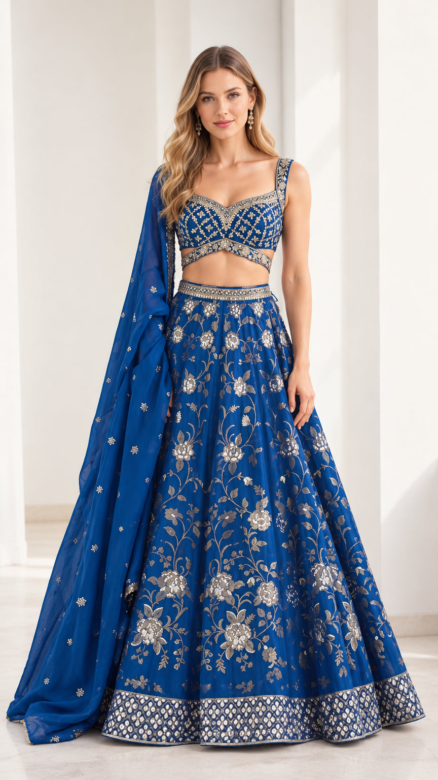 Front view of royal blue floral embroidered lehenga choli set with dupatta