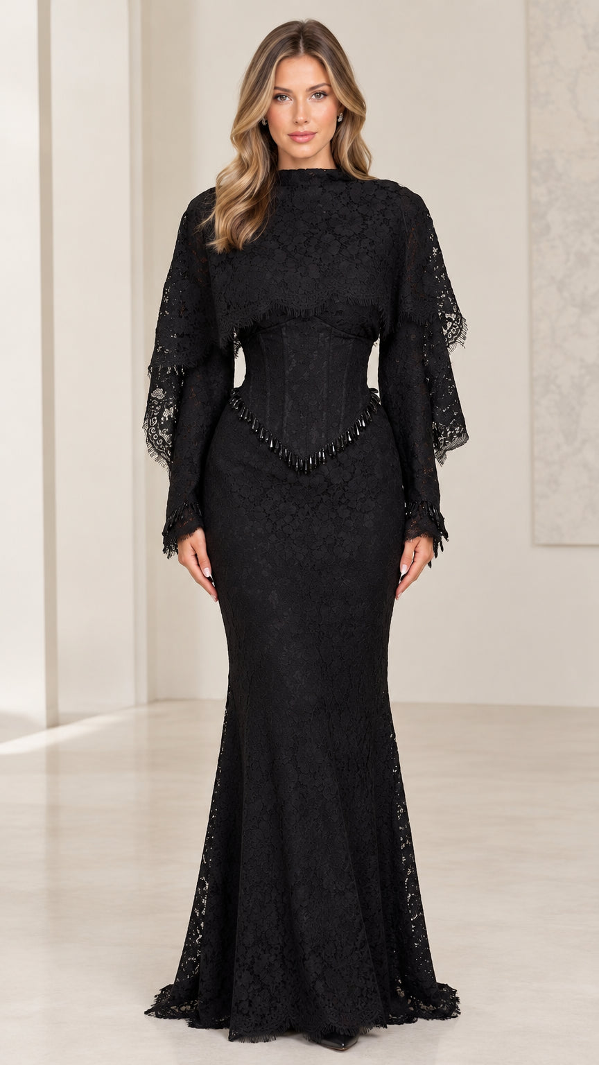 Front view of black high neck lace mermaid evening gown with beaded corset waist