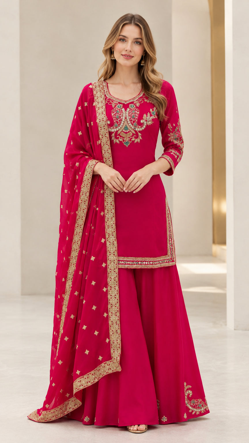 Front full view of women's fuchsia embroidered kurti and sharara suit set with dupatta