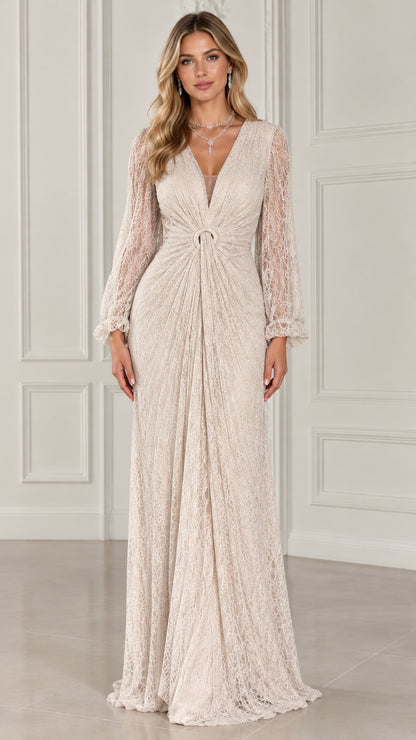 Front full-length view of model wearing Champagne lace evening gown with ruched ring waist