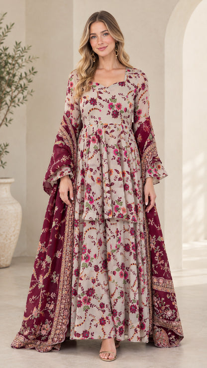 Front full-length view of model wearing cream floral tiered maxi dress with burgundy border scarf