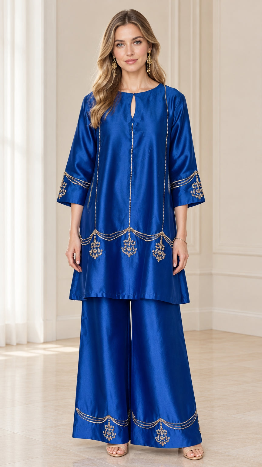 Front view of model wearing royal blue embroidered tunic top and wide-leg palazzo pants set